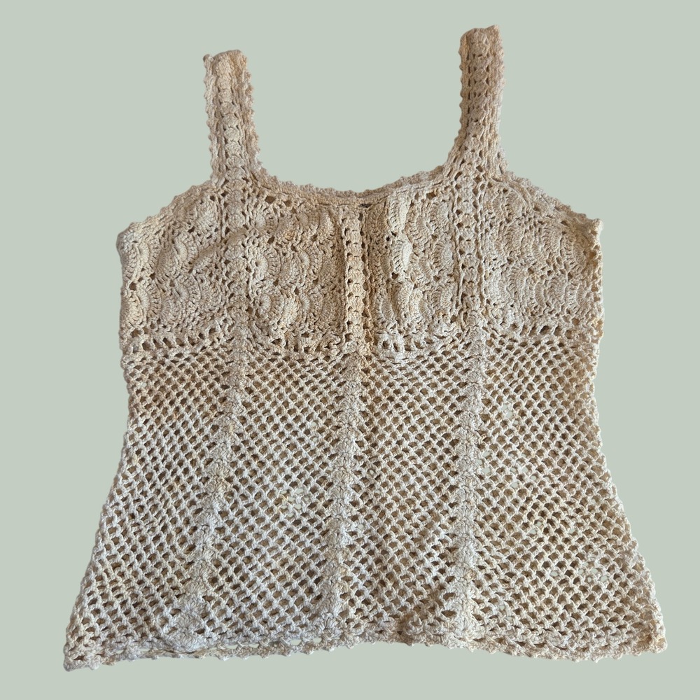 One Step Up Vintage Y2K Crochet Tank Top Cream Boho Festival Mesh Camisole Large